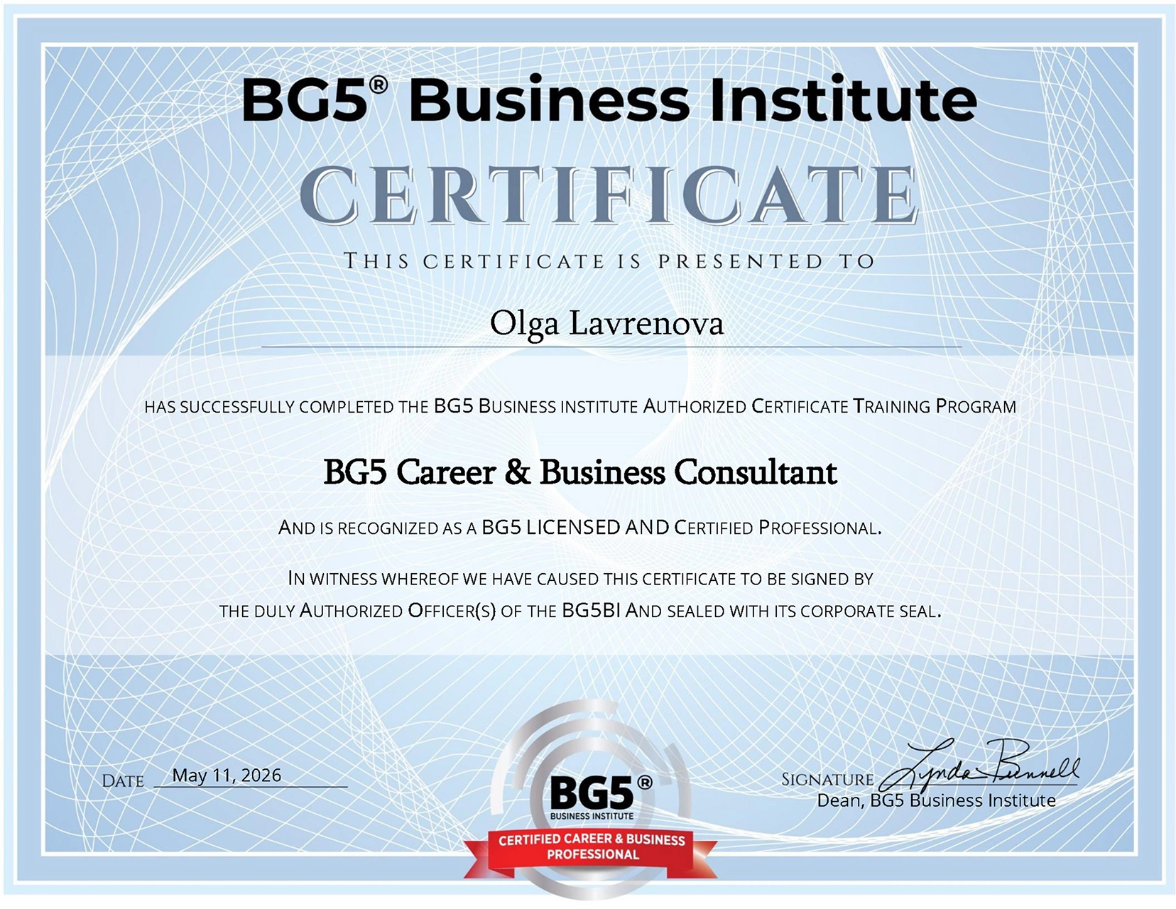 BG5 Career and Business Consultant certificate for Olga Lavrenova